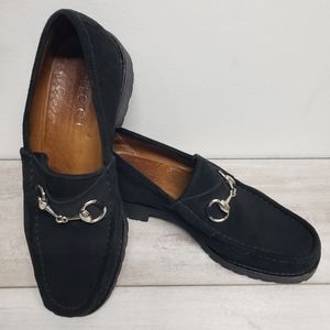 Gucci Classic Horsebit Mens Loafers Shoes Black Suede Lug Sole Size 7.5